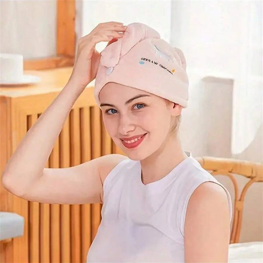 Embroidered Coral Fleece Hair Drying Cap – Quick-Dry Shower Towel