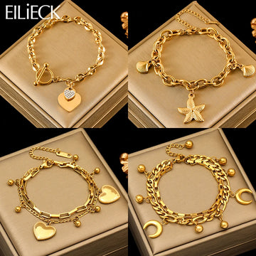 316L Stainless Steel Starfish & Moon Charm Bracelet – Gold Tone