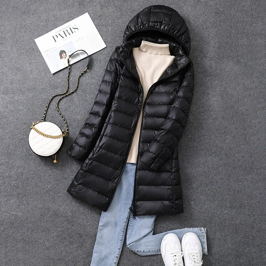 Women's X-long Office Lady Hat Detachable Puffer Jackets 2025 New Arrival Autumn Winter White Duck Down Warm Coat