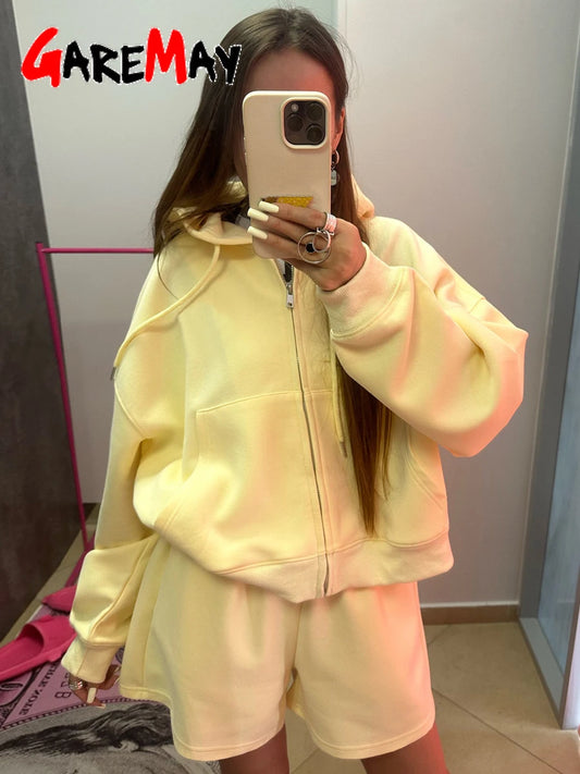 Oversized Zip Hoodie & Shorts Set – Cotton Summer Tracksuit
