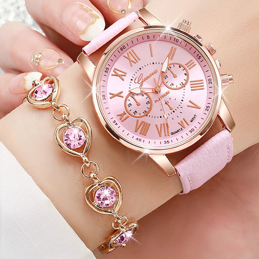 5–6 Piece Heart Rhinestone Watch & Jewelry Set – Leather Band