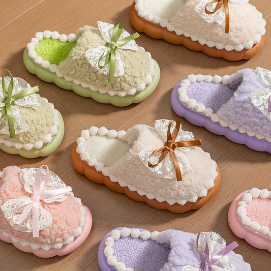 Plush Bow Slippers – Thick-Soled Winter Comfort