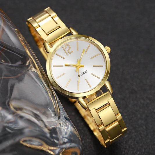 Gold Steel Band Quartz Watch & Cuff Bracelet Set