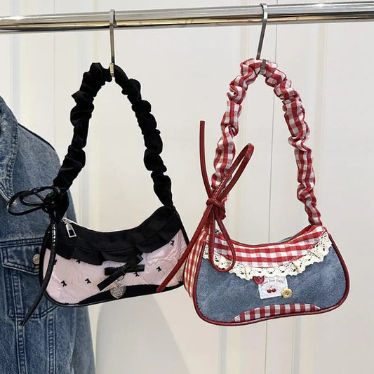 Lace Ribbon Grid Shoulder Bag – Stretchable Strap Handbag