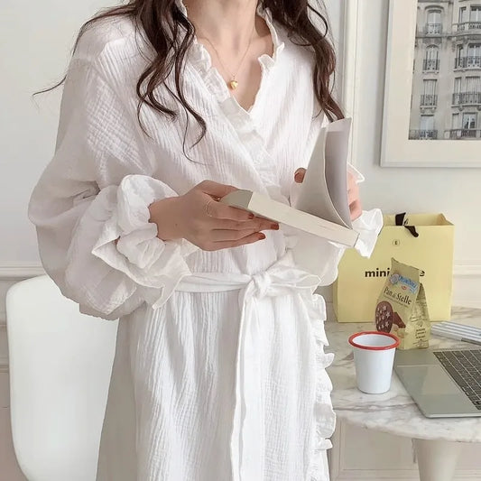 Ruffled Long-Sleeved Robe – Sweet, Breathable Loungewear