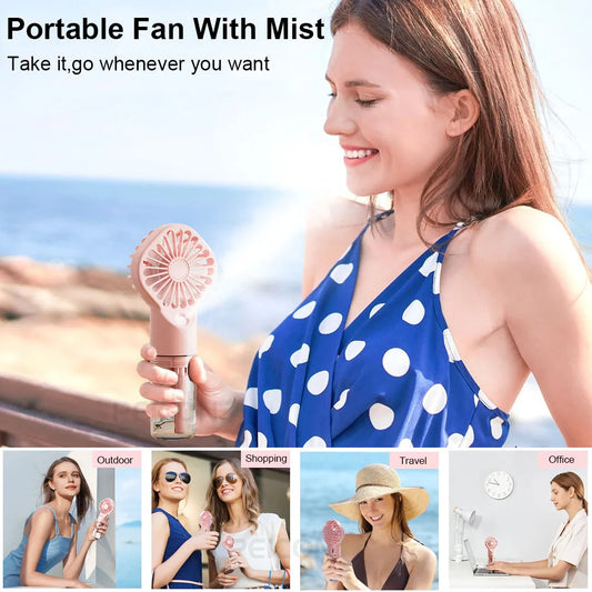 Portable Handheld Spray Fan – 4-Speed USB Misting Mini Fan