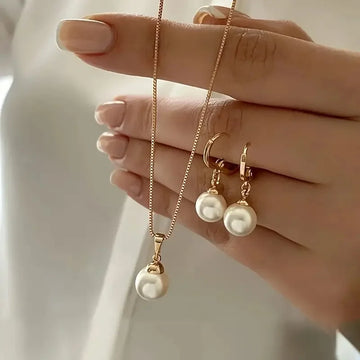 Dainty Pearl Drop Earrings & Necklace Set – Effortless Elegance