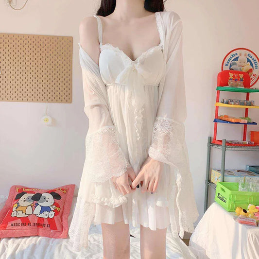 Chic Lace Bow Robe &amp; Gown Set – Breathable Mesh Sleepwear