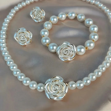 Imitation Pearl Flower Jewelry Set – Necklace, Bracelet & Earrings