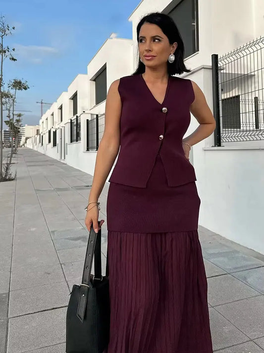 Knitted V-Neck Vest &amp; Patchwork Long Skirt Set – Slim, Street Style